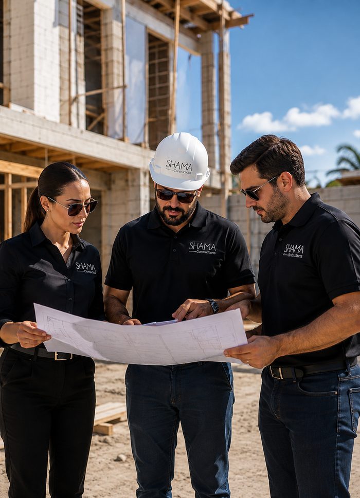 SHAMA Constructions project team reviewing building plans on a Florida job site